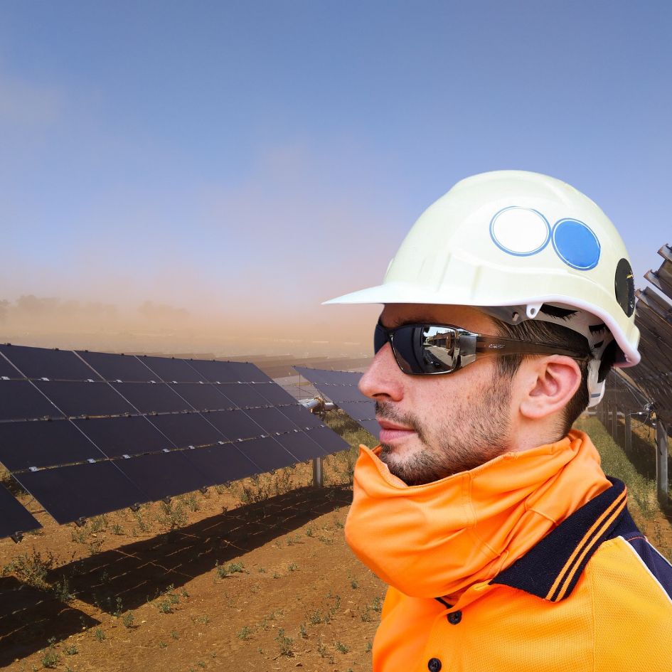 Construction worker wearing a face mask on Australian solar farm in the outback